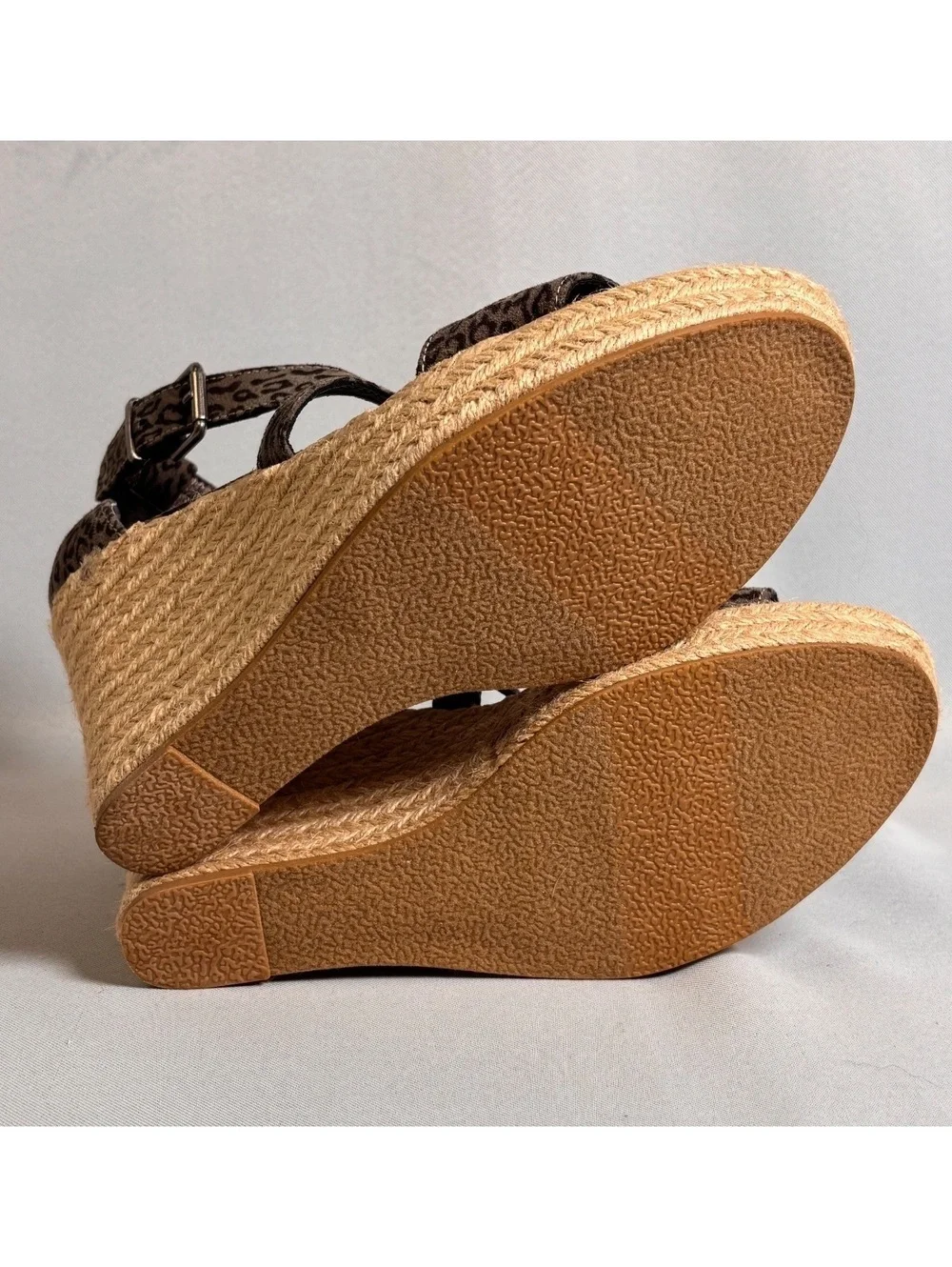 Very G Gray Leopard Print Wedge Sandals with Jute Wrapped Heel